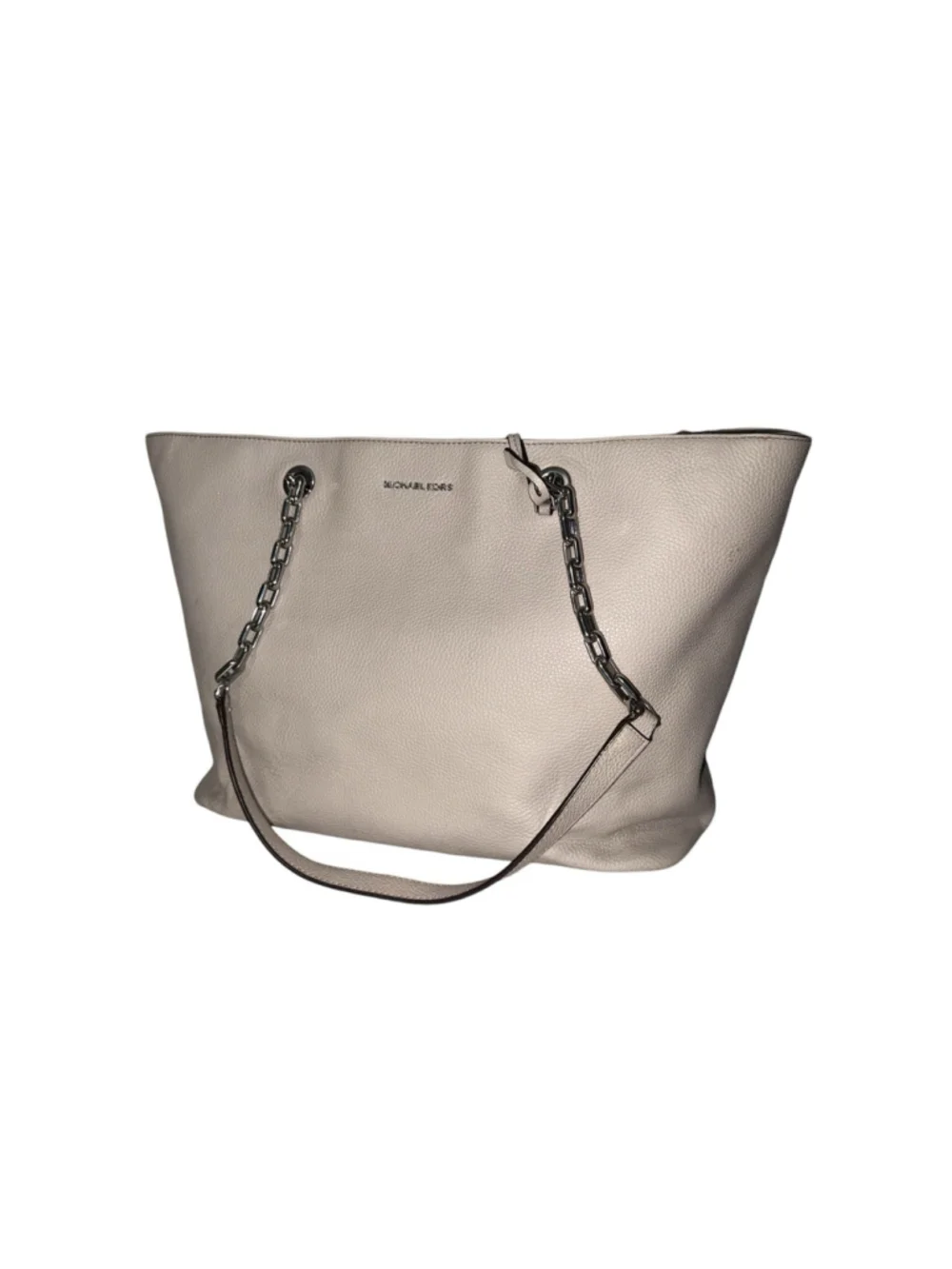Michael Kors Pebbled Leather Large Chain Tote Shoulder Bag Cream Beige